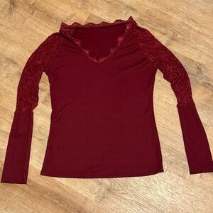Burgundy Ribbed Lace Sleeve Top V-Neck Maroon 2X Fits Smaller